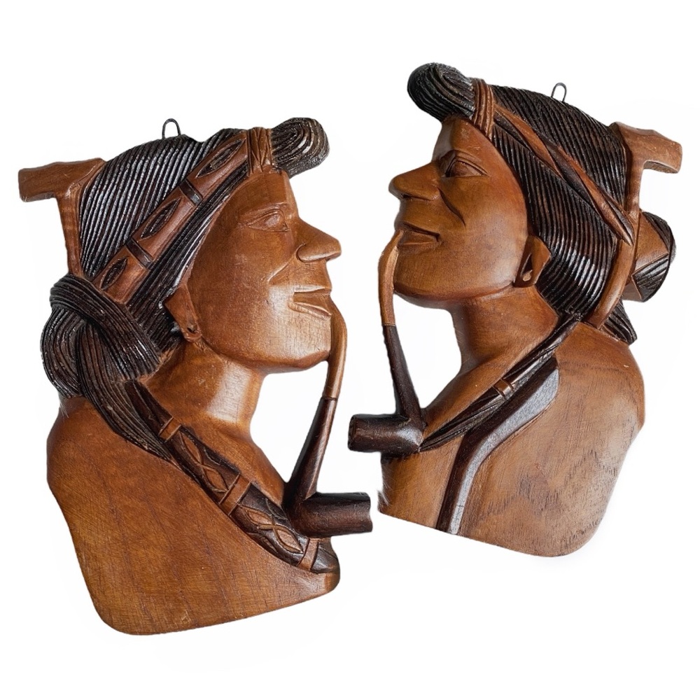 Wooden Carved Folk Art Man Woman Figurine Hanging Wall Decor Wood Set Vintage